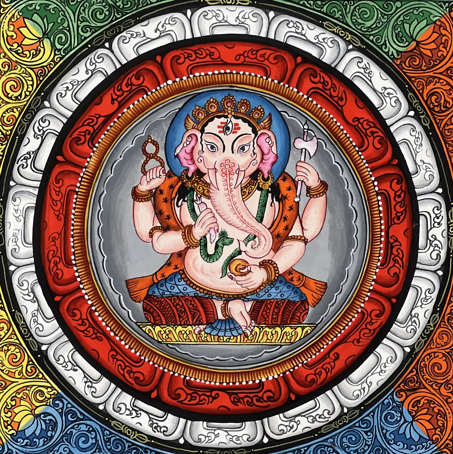 4 Armed  Ganesha, Ganapati, Vinayaka, in Sriyantra  Master Quality Newari Pauva/Thangka Painting