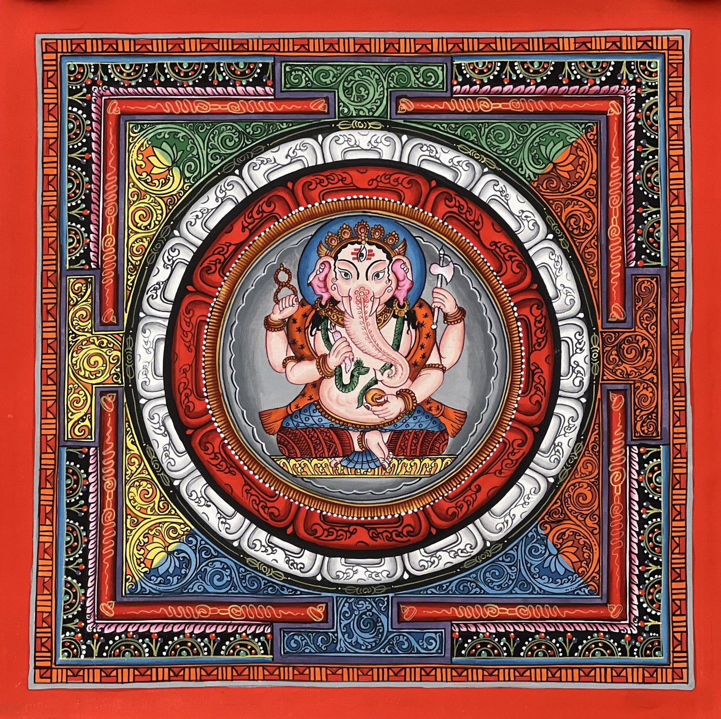 4 Armed Ganesha, Ganapati, Vinayaka, in Sriyantra Master Quality Newari Pauva/Thangka Painting