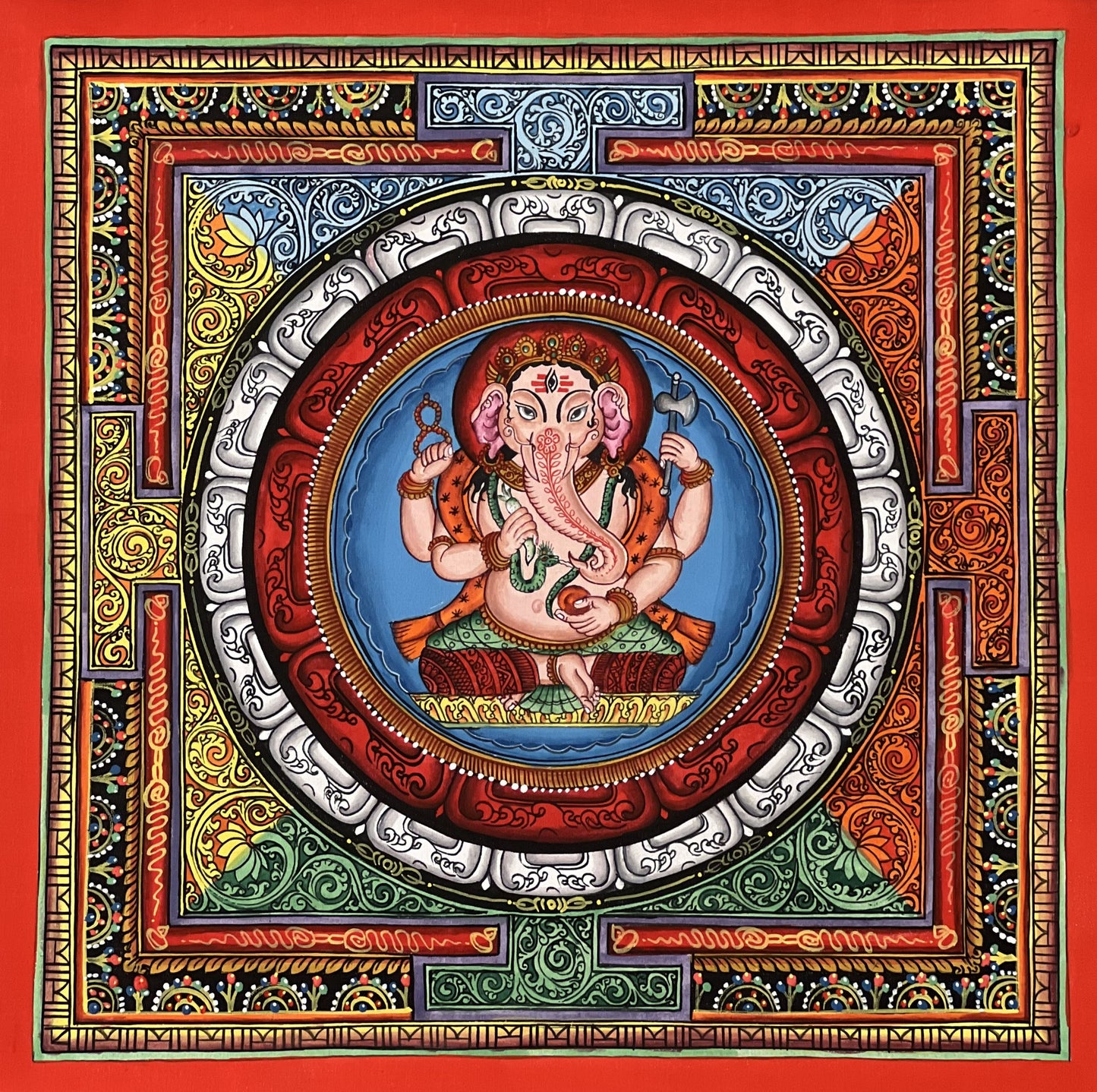 4 Armed Ganesha/ Ganapati/ Vinayaka in Sriyantra Master Quality Newari Paubha/Thangka Painting, Art for Wealth and Prosperity