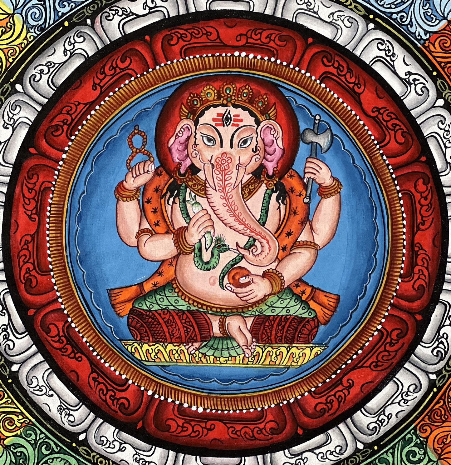 4 Armed Ganesha/ Ganapati/ Vinayaka in Sriyantra Master Quality Newari Paubha/Thangka Painting, Art for Wealth and Prosperity