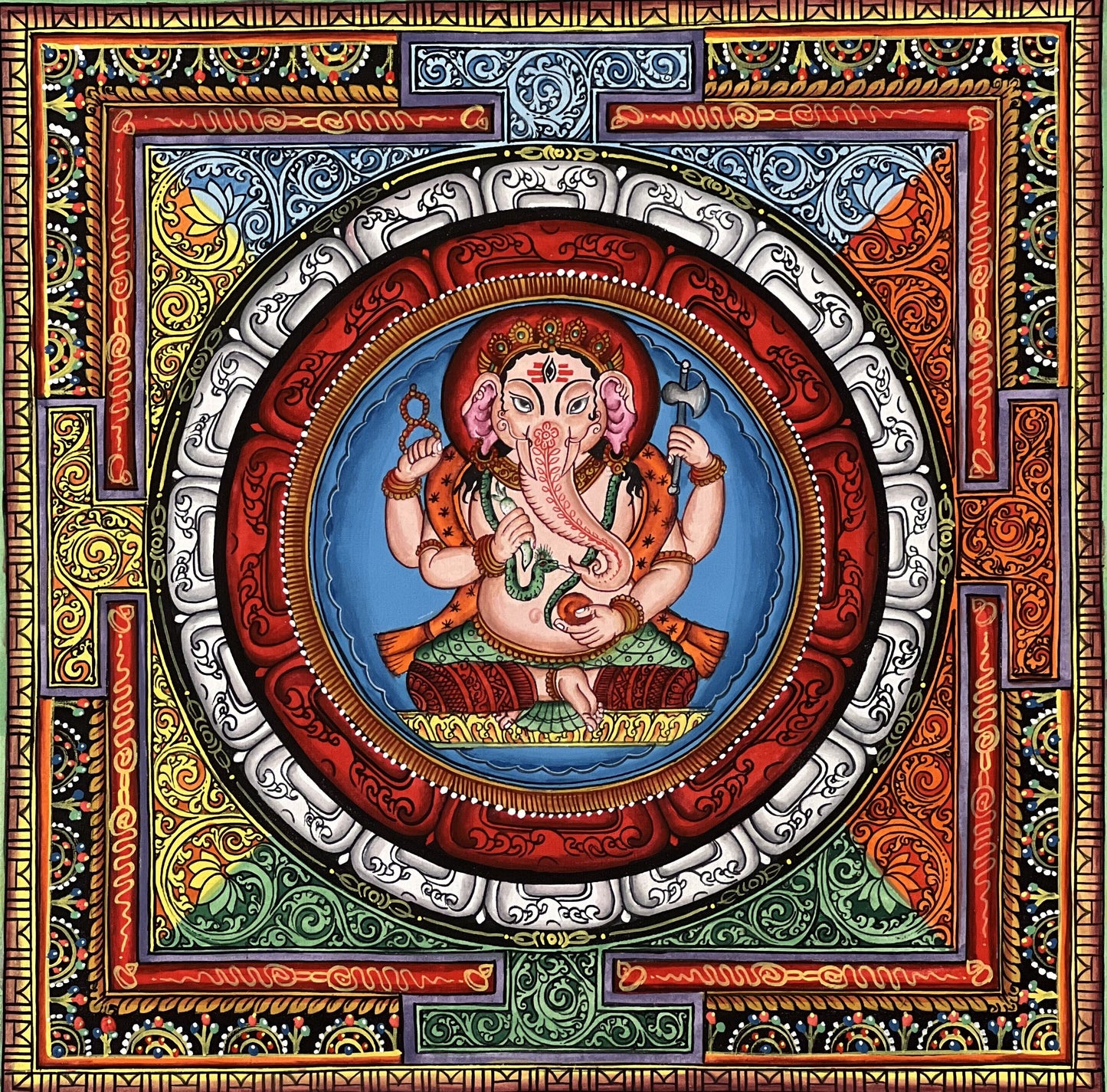 4 Armed  Ganesha/ Ganapati/ Vinayaka in Sriyantra Master Quality Newari Paubha/Thangka Painting, Art for Wealth and Prosperity