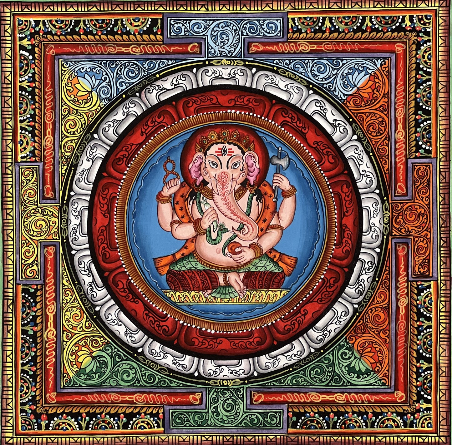 4 Armed Ganesha/ Ganapati/ Vinayaka in Sriyantra Master Quality Newari Paubha/Thangka Painting, Art for Wealth and Prosperity