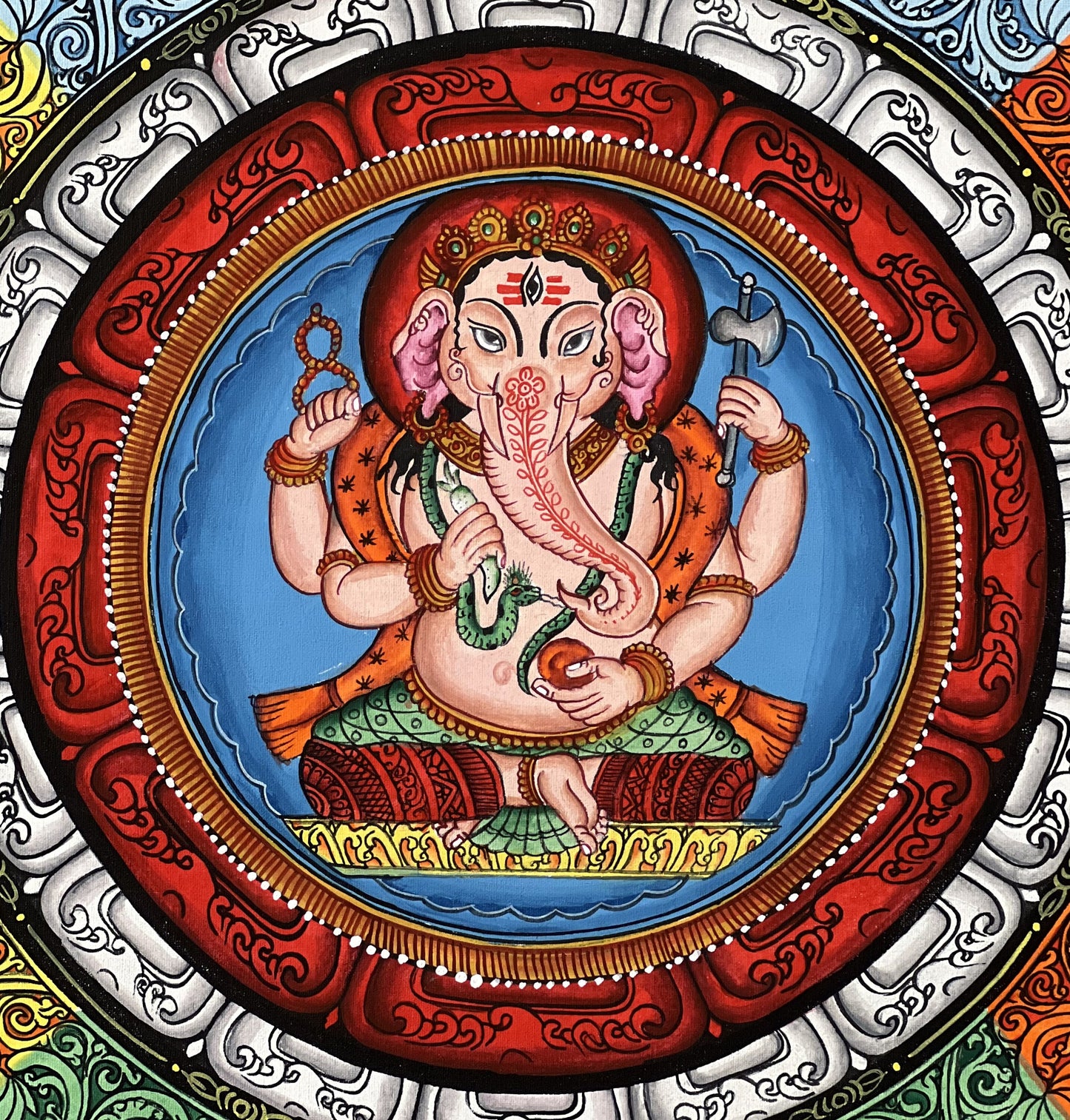 4 Armed Ganesha/ Ganapati/ Vinayaka in Sriyantra Master Quality Newari Paubha/Thangka Painting, Art for Wealth and Prosperity