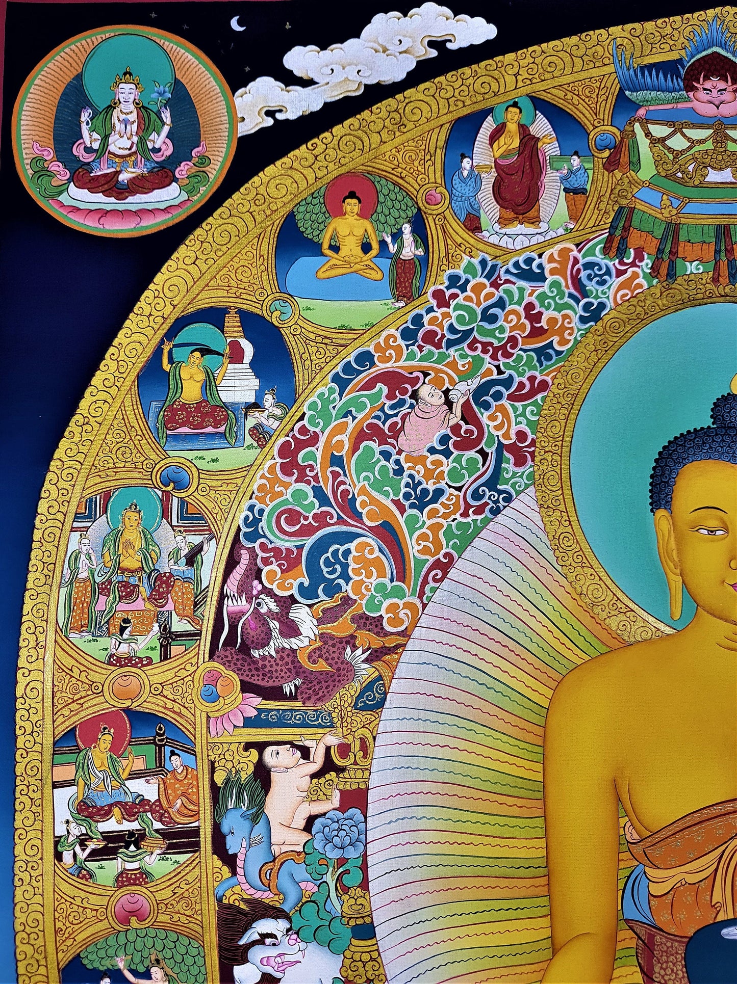 Hand-painted Original Buddha Life Story Masterpiece Tibetan Wall hanging Thangka / Thangka Painting Compassion Meditation Art