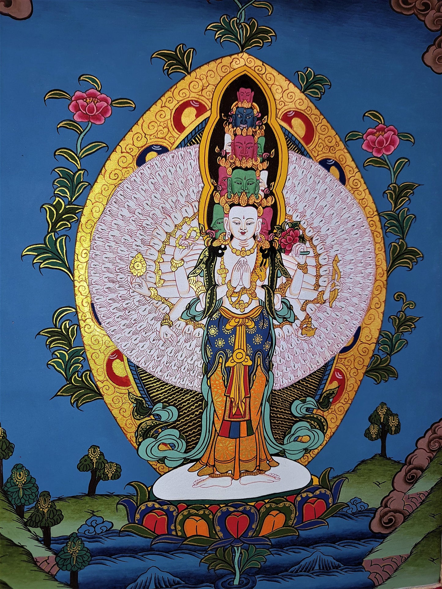 Original Hand Painted 1000 Armed Sahastrabhuja AVALOKITESHVARA /Lokeshwor/ Tibetan Thangka / Thanka Painting High-Quality Silk Framed