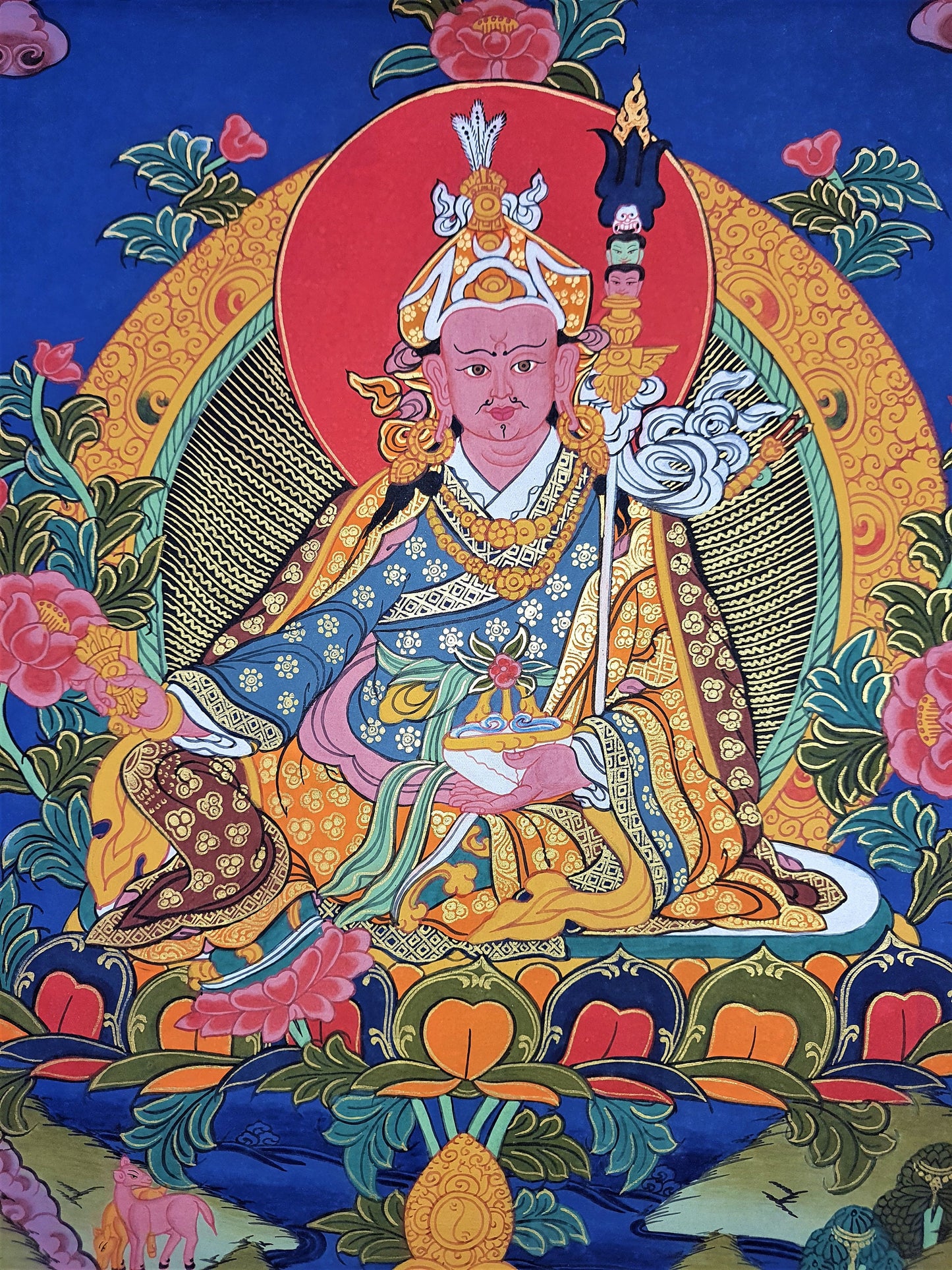 Original Hand Painted Guru Rinpoche Padmasambhava Masterpiece Gold Tibetan Thangka / Thanka Painting With High-Quality Silk Brocade
