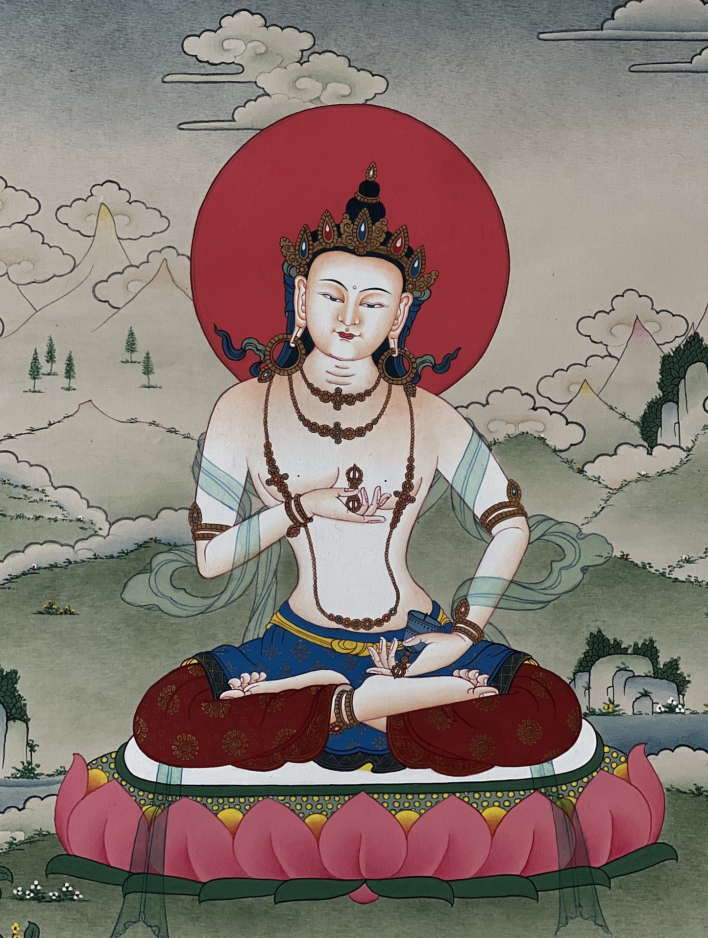 Original Hand-Painted Vajrasattva/Dorje Sempa Masterpiece Artist Signed Lama Blessed Karma Gadri Tibetan Meditation Thangka/ Thanka Painting