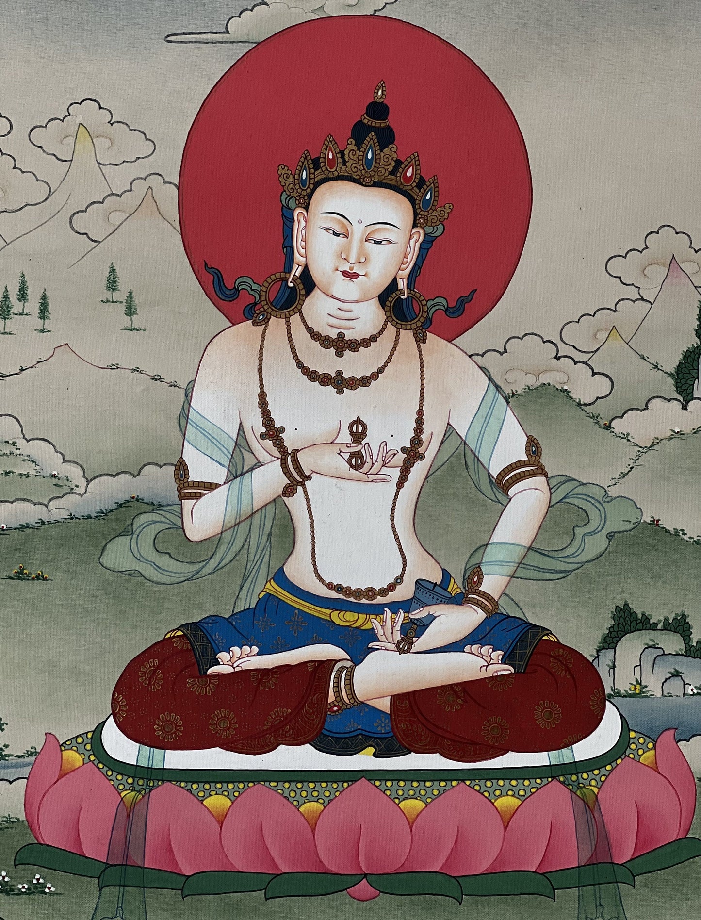 Original Hand-Painted Vajrasattva/Dorje Sempa Masterpiece Artist Signed Lama Blessed Karma Gadri Tibetan Meditation Thangka/ Thanka Painting