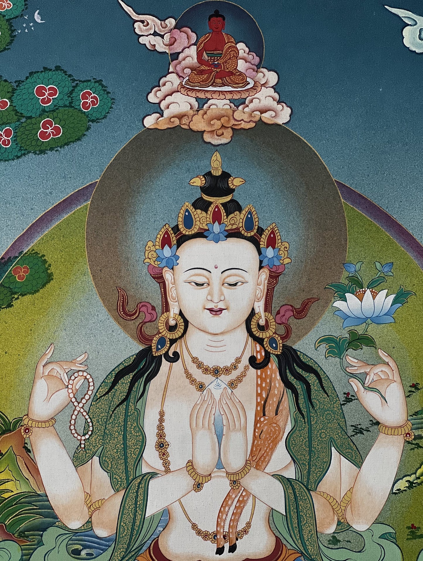Original Hand Painted 4 Armed Chenrezig / Compassion Buddha Masterpiece Tibetan Thangka / Thanka Painting/ Wall Hanging From Nepal