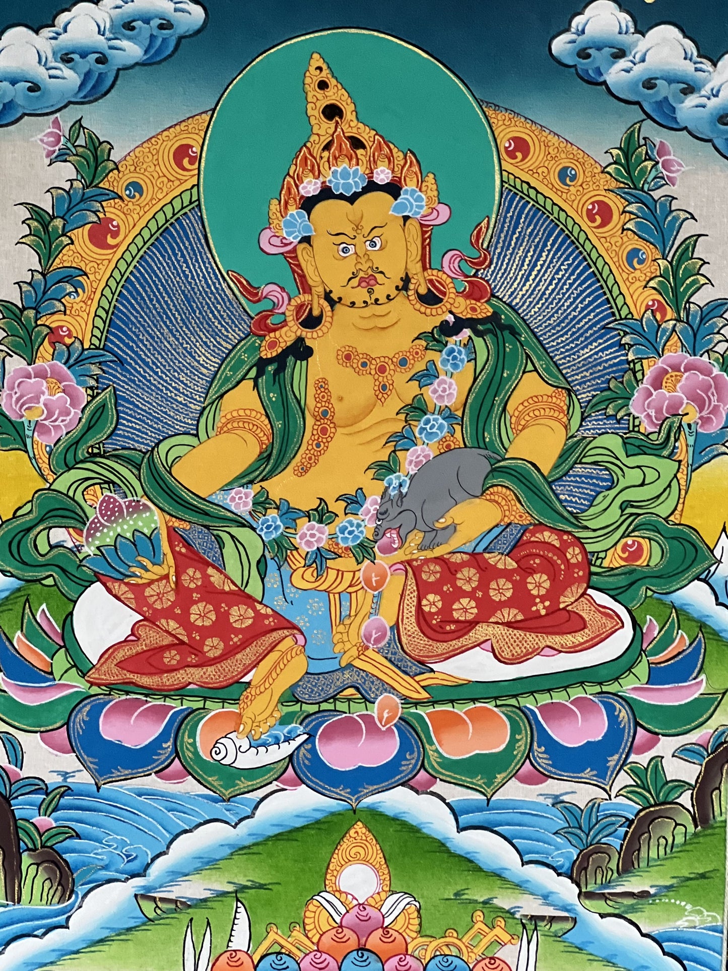 Original Hand Painted Dzambhala/Jambhala/Kubera God Of Wealth Tibetan Compassion / Meditation Thangka / Thanka Painting with Silk Brocade