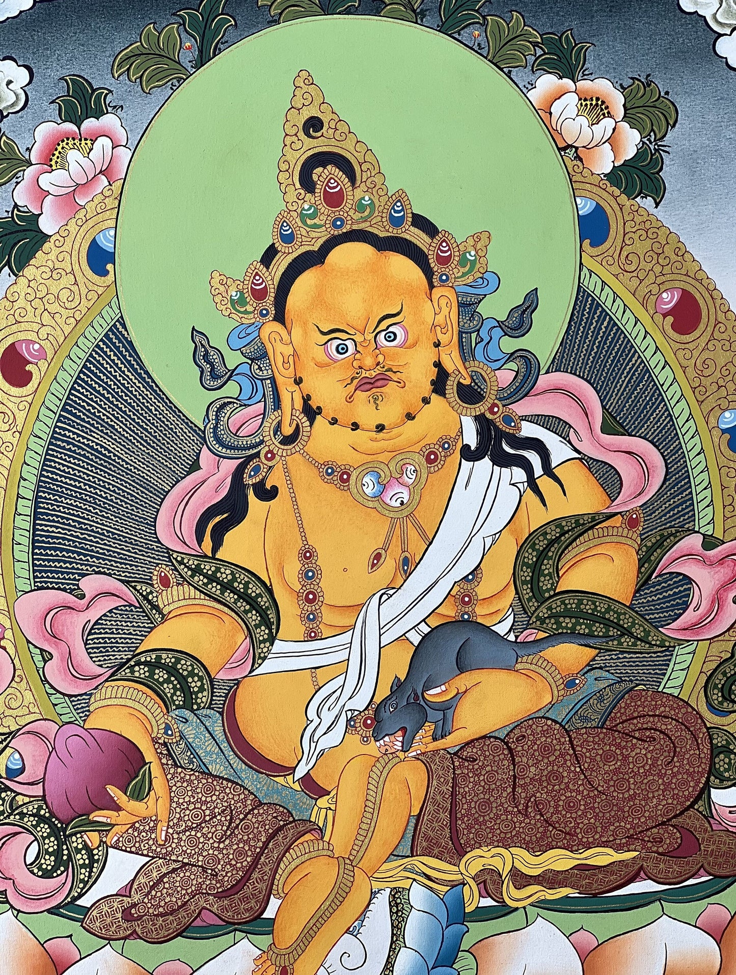Original Hand-painted Yellow Jambhala/Zambala/ Zambhala/Kuber God of Wealth  Gold Masterpiece, Tibetan Thangka Painting