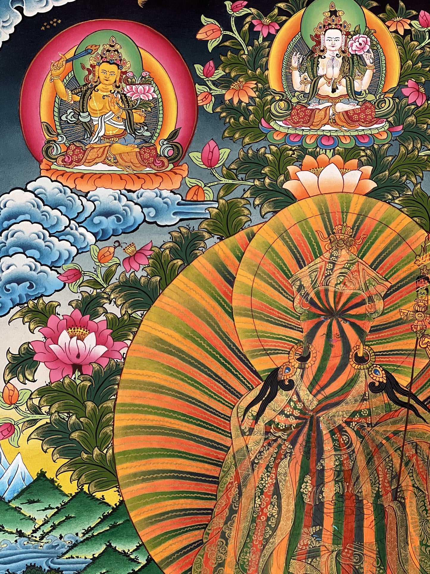 Original Hand-painted Guru Padmasambhava/ Rainbow Body 24 K Gold Large Masterpiece Tibetan Thangka Painting with Traditional Silk Brocade