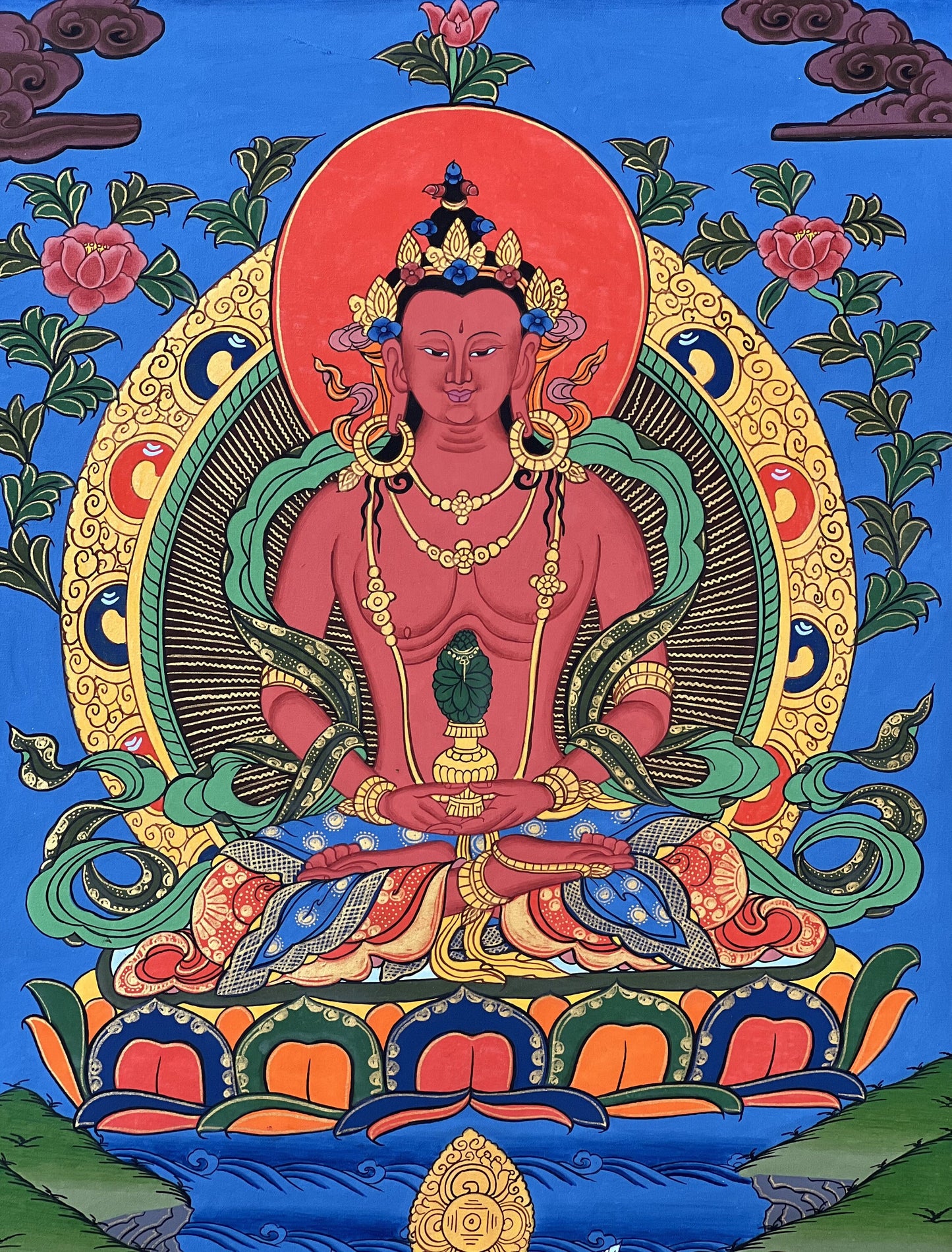 Original Hand Painted Buddha Amitayus/Aparmita Compassion / Meditation Tibetan Thangka / Thanka Painting With premium Silk Brocade