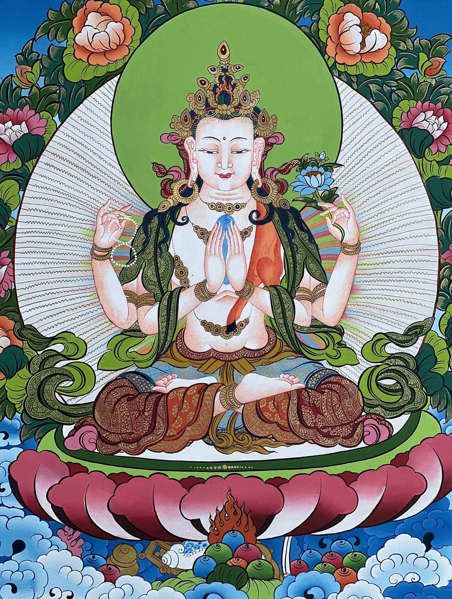 Four-Armed Avalokiteshvara/ Chenrezig/Chyangresi Masterpiece Gold Tibetan Thangka  Painting