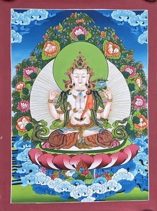 Four-Armed Avalokiteshvara/ Chenrezig/Chyangresi Masterpiece Gold Tibetan Thangka  Painting
