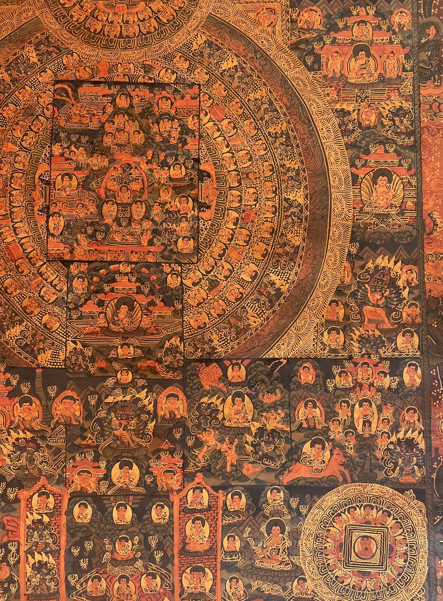 Original Hand-painted Pancha Buddha Big Circle Mandala Oil - Varnished Masterpiece Tibetan Thangka / Thangka Painting Meditation Art