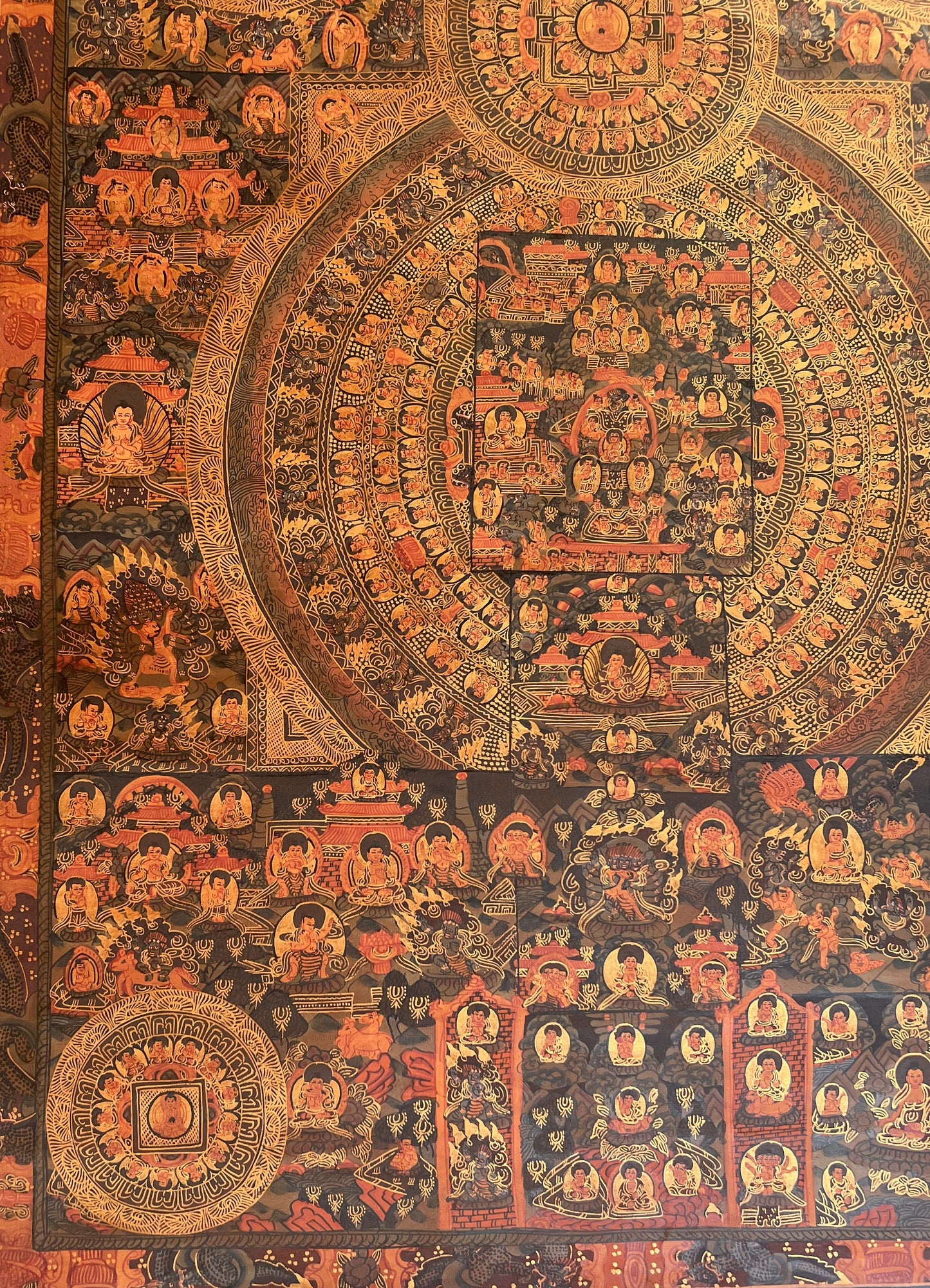 Original Hand-painted Pancha Buddha Big Circle Mandala Oil - Varnished Masterpiece Tibetan Thangka / Thangka Painting Meditation Art