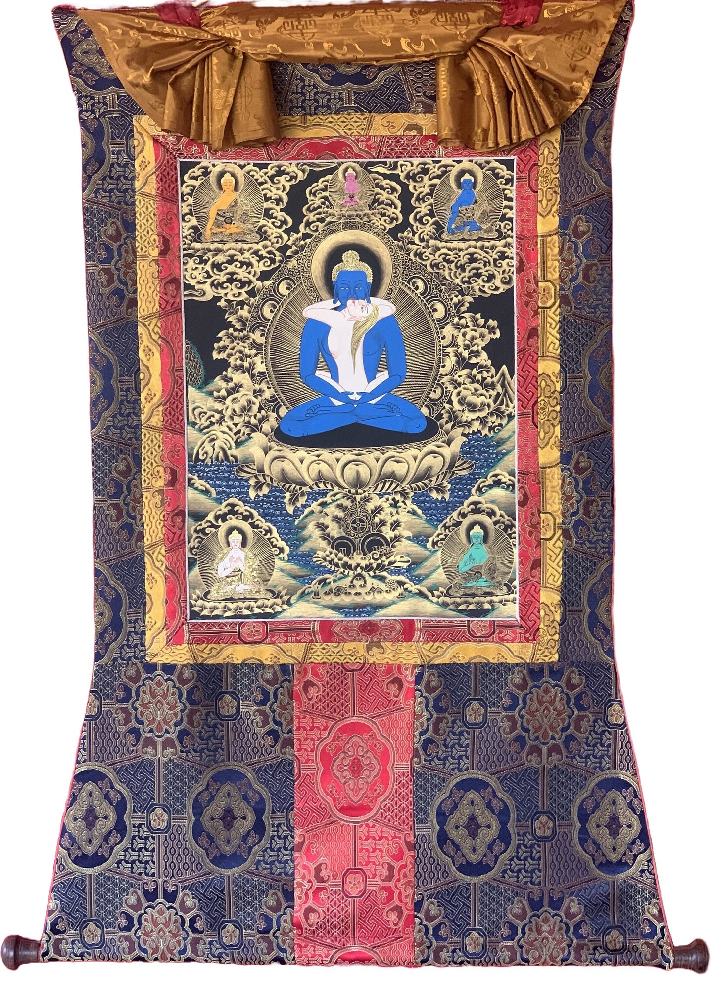 Original Hand Painted Buddha Shakti / Samantabhadra / Yab-Yum Tibetan Compassion Meditation Thangka Painting with Premium Silk Border