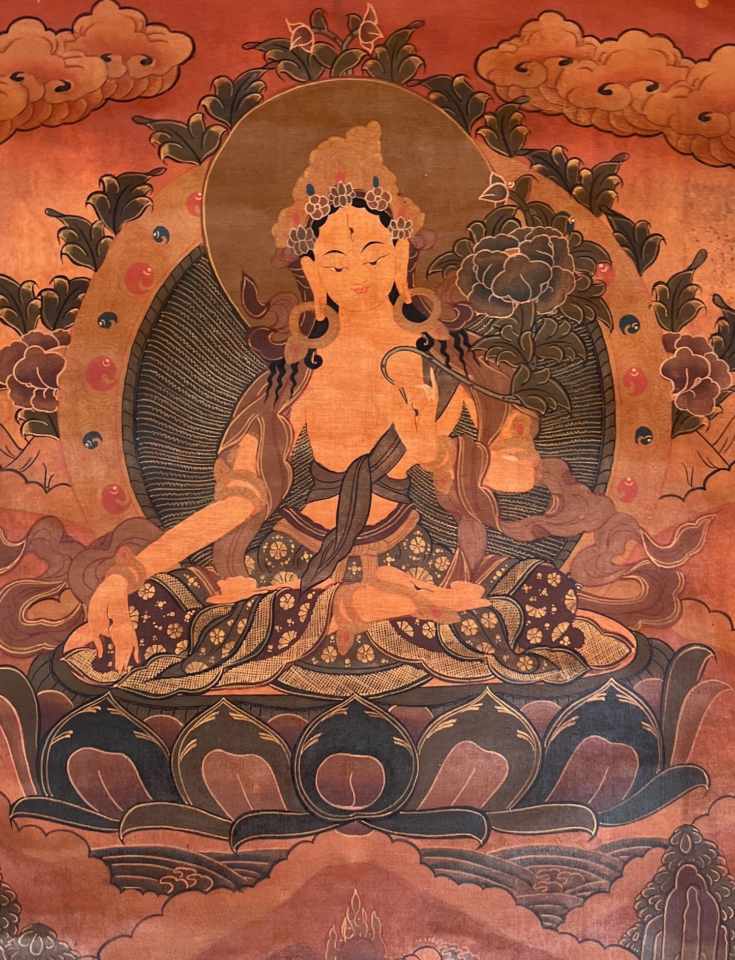 Original Hand-painted White Tara Mother Goddess OLD OIL VARNISHED Tibetan Thangka Painting/Compassion Meditation Art