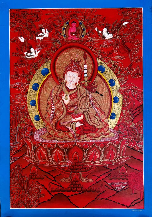 Guru PADMASAMBHAVA/ Guru Rinpoche Precious Master Original Masterpiece 24 K Gold Hand-painted Tibetan Thangka Painting/ Meditation Art