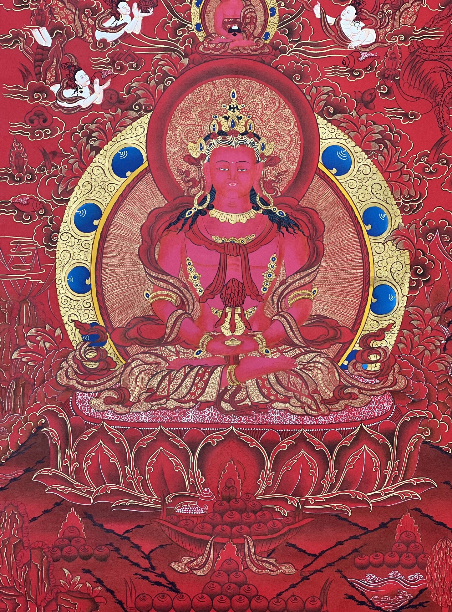 Buddha Aparmita/ Amitayus Original Hand Painted Masterpiece 24 K Gold Tibetan Thangka / Thanka Painting Compassion / Meditation Art