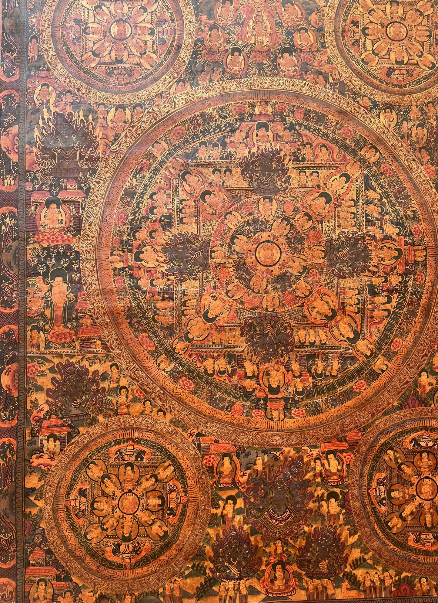 Hand-painted Original Pancha Buddha Big Circle Mandala Oil - Varnished Masterpiece Tibetan Thangka / Thangka Painting Meditation Art