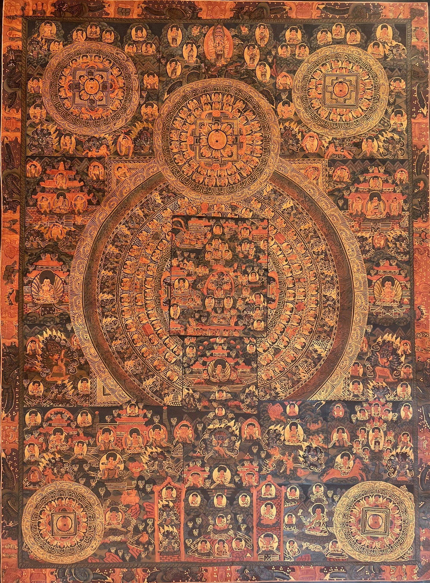 Original Hand-painted Pancha Buddha Big Circle Mandala Oil - Varnished Masterpiece Tibetan Thangka / Thangka Painting Meditation Art