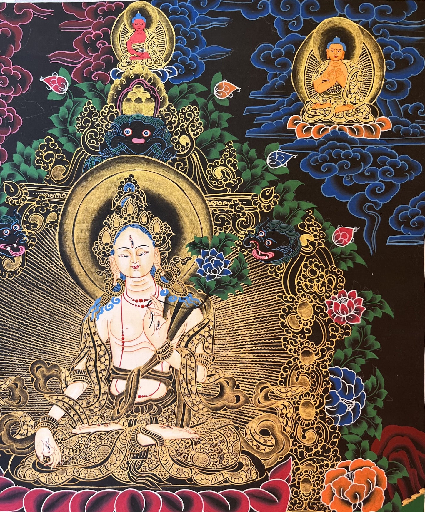 Original Hand-painted White Tara Mother Goddess Tibetan Thangka Painting with Premium Khadi Silk Brocade