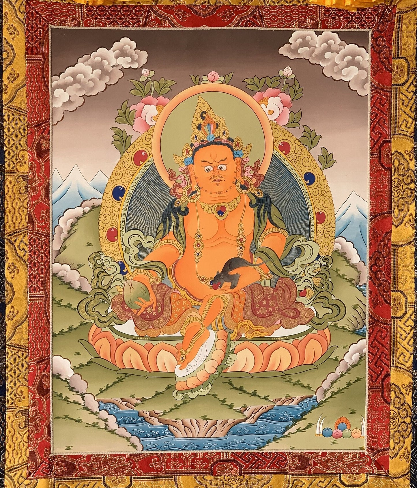 Original Hand Painted Kubera, God Of Wealth Tibetan Compassion / Meditation Wall hanging Thangka / Thanka Painting with Premium Silk Frame
