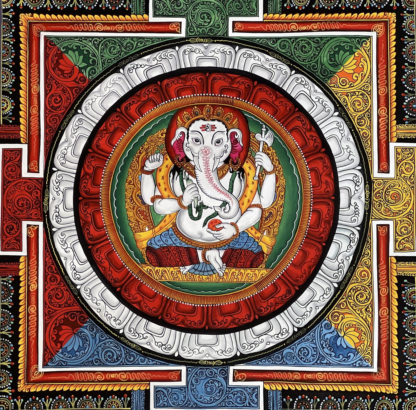 4 Armed Ganesha/ Ganapati/ Vinayaka in Sriyantra Master Quality Newari Paubha/Pauva /Thangka Painting, Art for Wealth and Prosperity