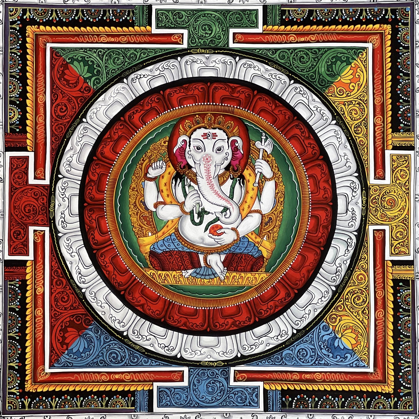 4 Armed Ganesha/ Ganapati/ Vinayaka in Sriyantra Master Quality Newari Paubha/Pauva /Thangka Painting, Art for Wealth and Prosperity