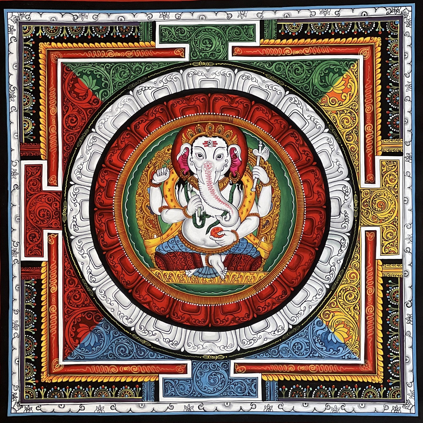 4 Armed Ganesha/ Ganapati/ Vinayaka in Sriyantra Master Quality Newari Paubha/Pauva /Thangka Painting, Art for Wealth and Prosperity