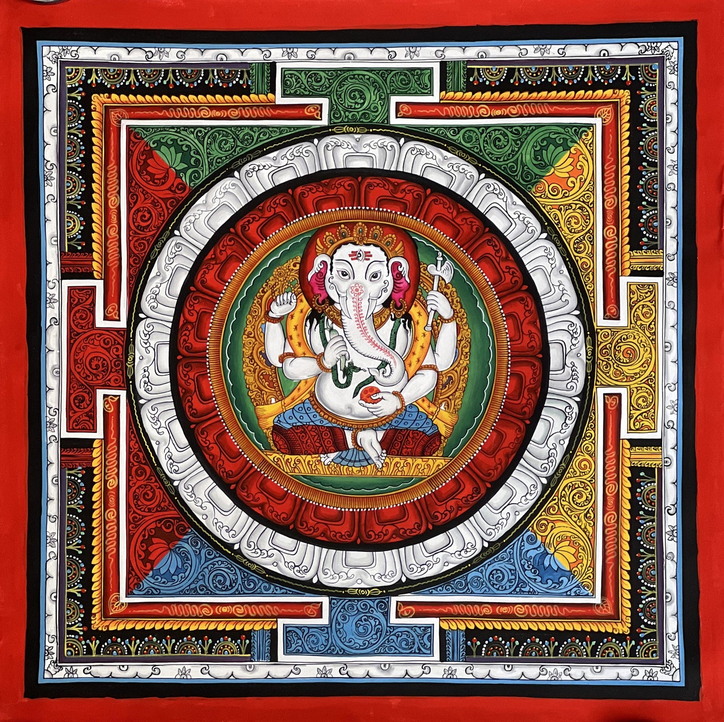 4 Armed Ganesha/ Ganapati/ Vinayaka in Sriyantra Master Quality Newari Paubha/Pauva /Thangka Painting, Art for Wealth and Prosperity