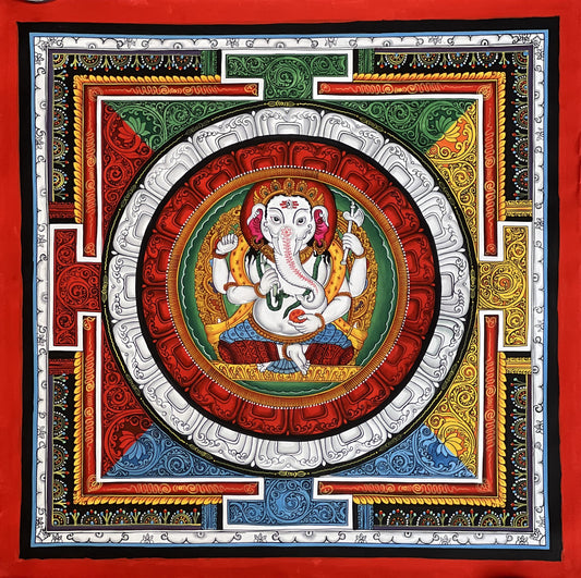 4 Armed  Ganesha/ Ganapati/ Vinayaka in Sriyantra Master Quality Newari Paubha/Pauva /Thangka Painting, Art for Wealth and Prosperity