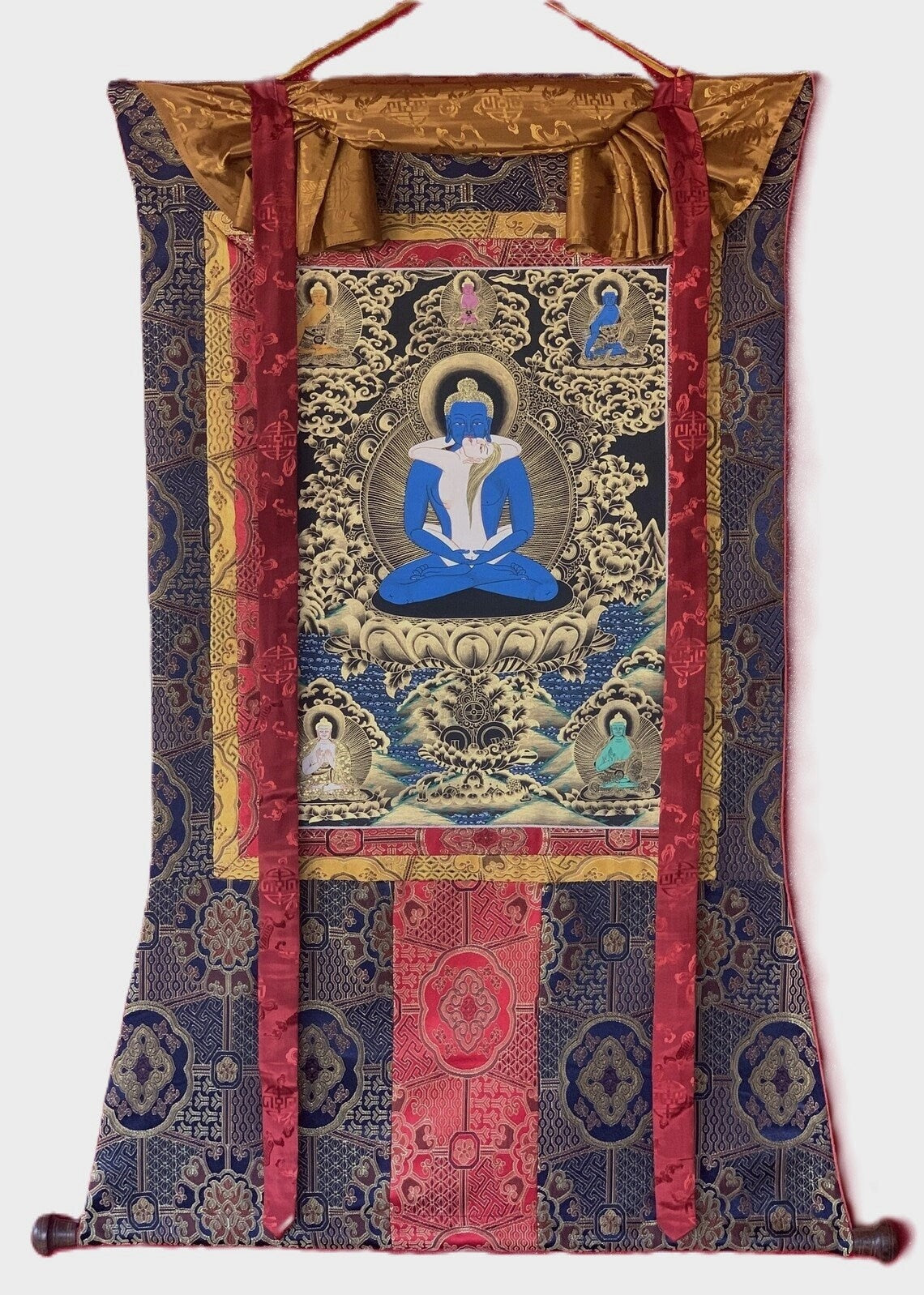 Original Hand Painted Buddha Shakti / Samantabhadra / Yab-Yum Tibetan Compassion Meditation Thangka Painting with Premium Silk Border