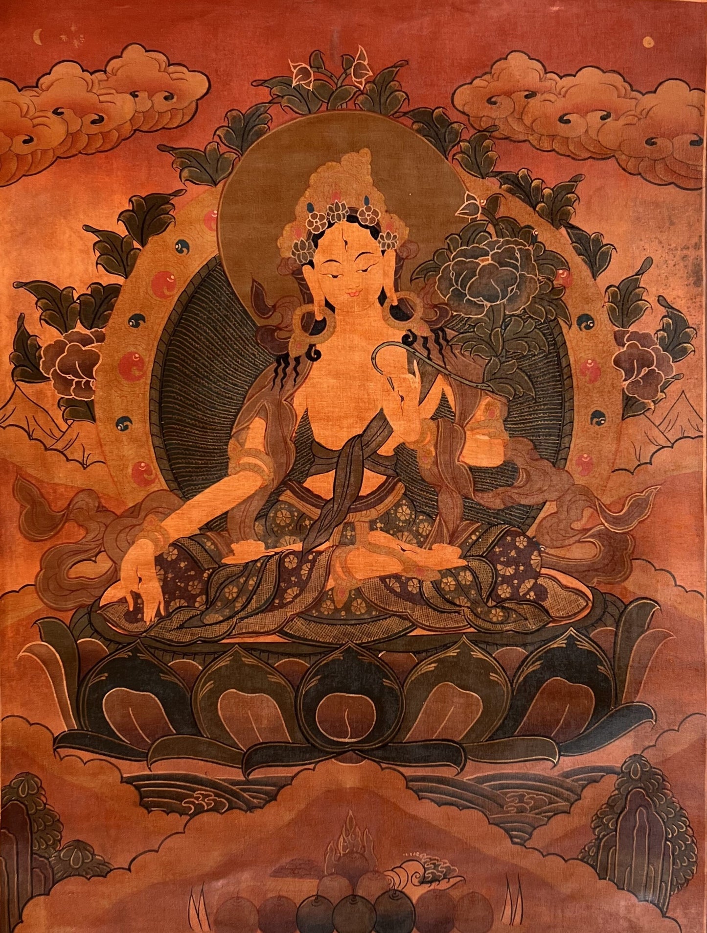 Original Hand-painted White Tara Mother Goddess OLD OIL VARNISHED Tibetan Thangka Painting/Compassion Meditation Art