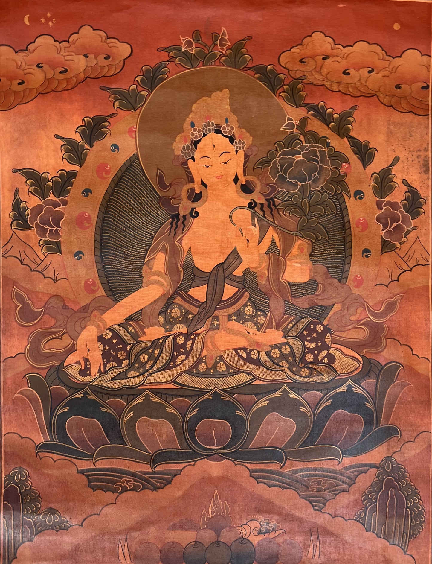 Original Hand-painted White Tara Mother Goddess OLD OIL VARNISHED Tibetan Thangka Painting/Compassion Meditation Art