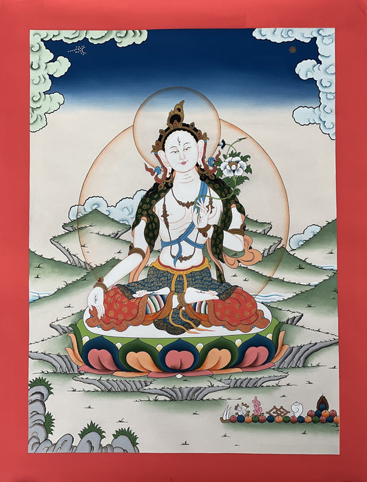 White Tara Original Masterpiece Mother Goddess 24 K Gold Exquisite Tibetan Thangka Painting from Nepal- Symbol of Compassion and Meditation