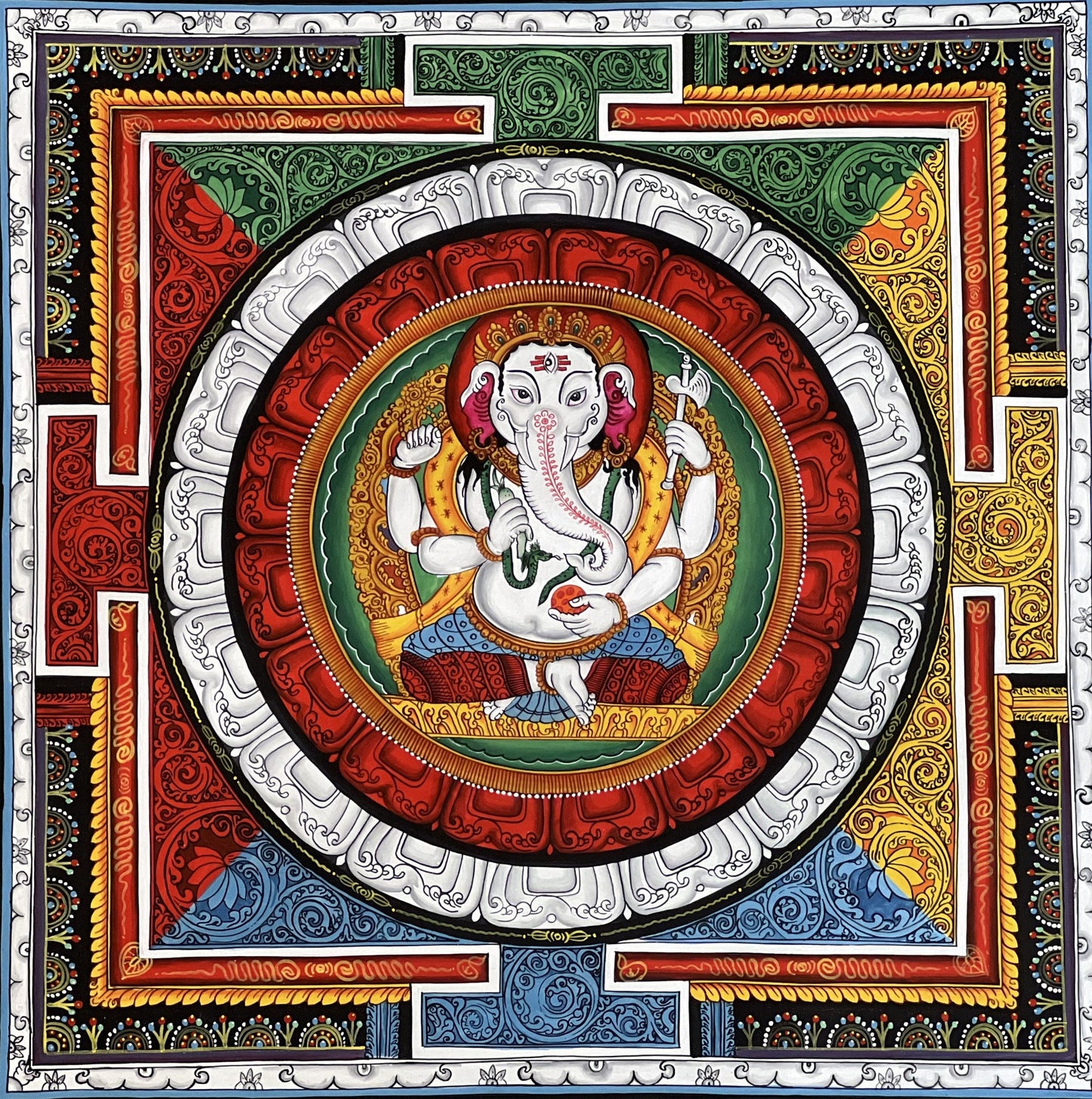 4 Armed Ganesha/ Ganapati/ Vinayaka in Sriyantra Master Quality Newari Paubha/Pauva /Thangka Painting, Art for Wealth and Prosperity