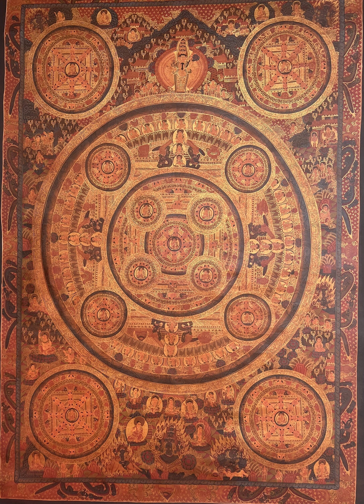 Original Hand-painted Pancha Buddha Big Circle Mandala Oil - Varnished Large Masterpiece Tibetan Thangka / Thangka Painting Meditation Art