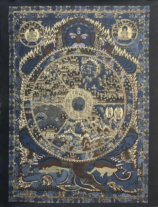 Samsara/ Wheel of Life / Bhavacakra Mandala Oil-Varnished  Large Masterpiece Tibetan Thangka / Thangka Painting Meditation Art