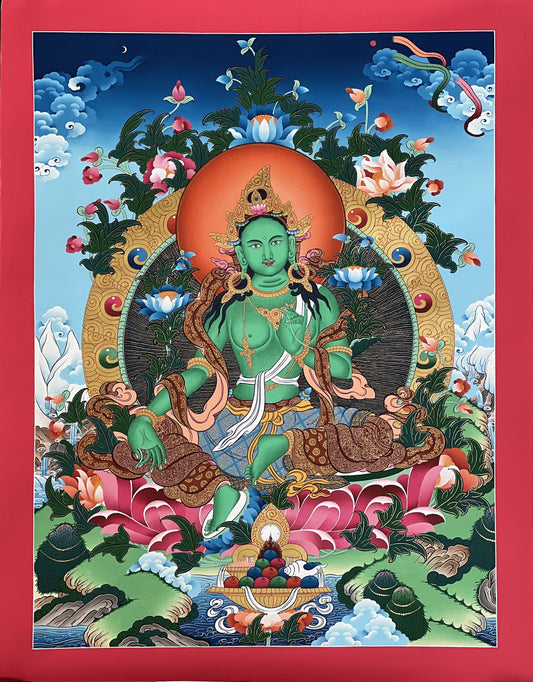 Exquisite Original Masterpiece: 24 K Gold Green Tara Tibetan Thangka Painting Profound Expression of Compassion in Buddhist Art