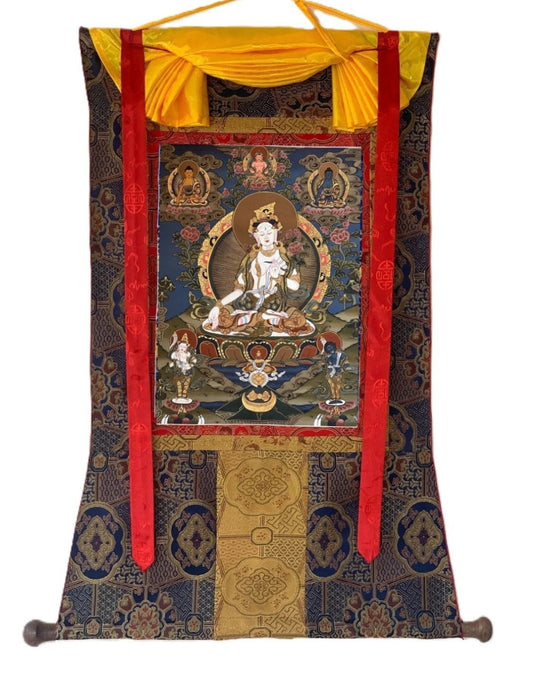 White Tara / Mother Goddess / Original Hand Painted Masterpiece Tibetan Compassion  Meditation Thangka Painting with Premium Silk Brocade