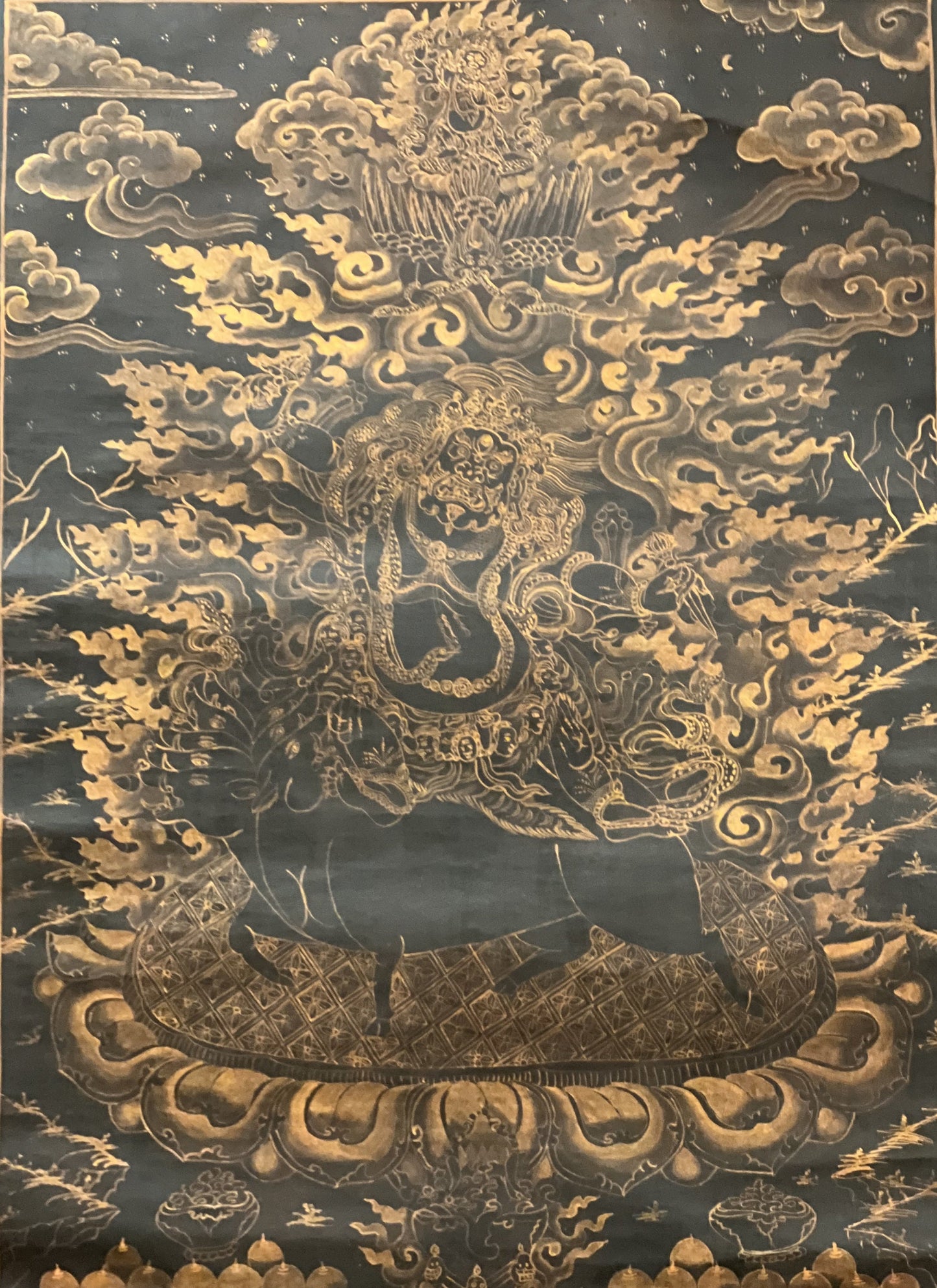 2 Armed Black Mahakala/Mahankala Oil-Varnished Old Tibetan Thangka Painting