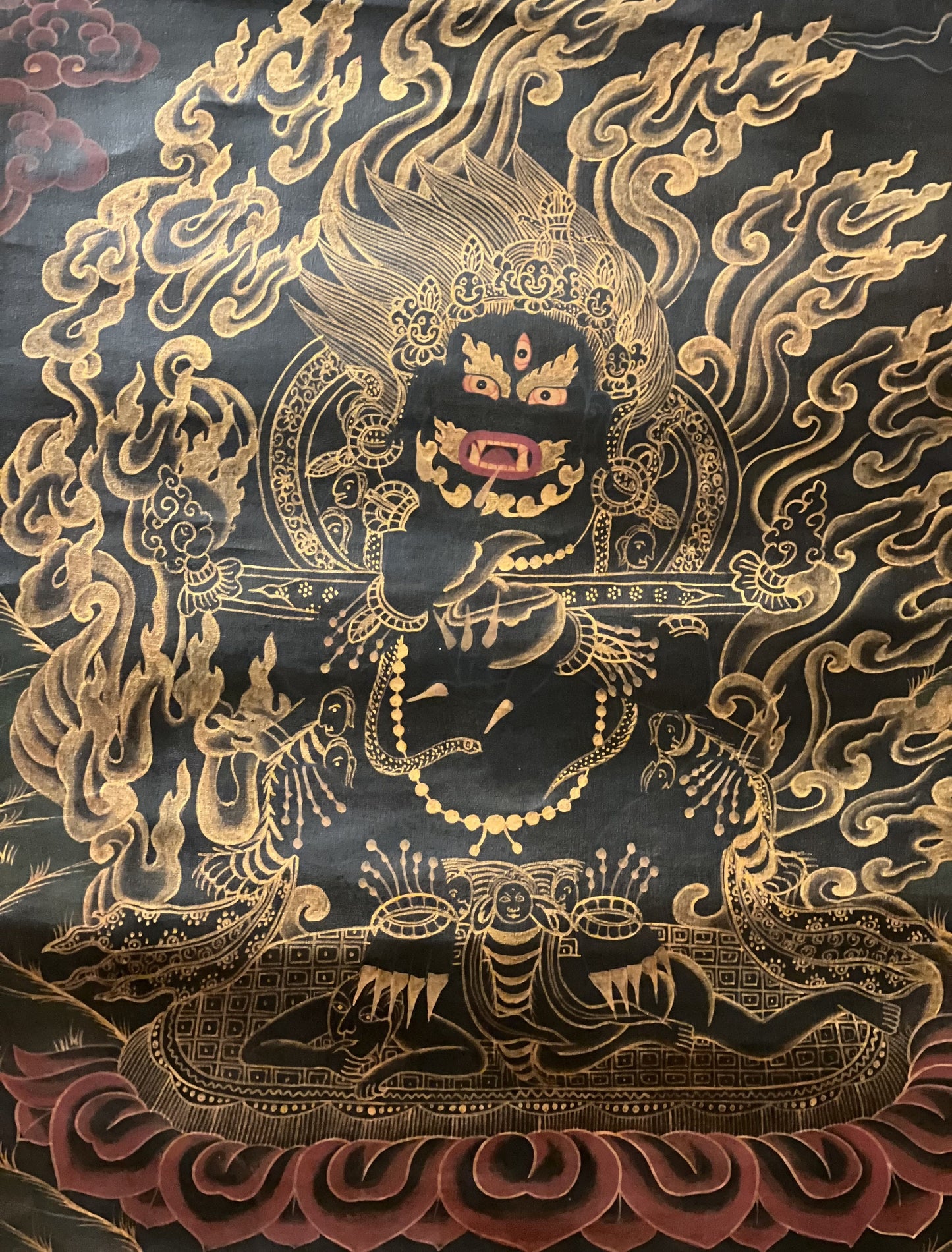 2 Armed Black Mahakala/Mahankala Oil-Varnished Old Tibetan Thangka Painting