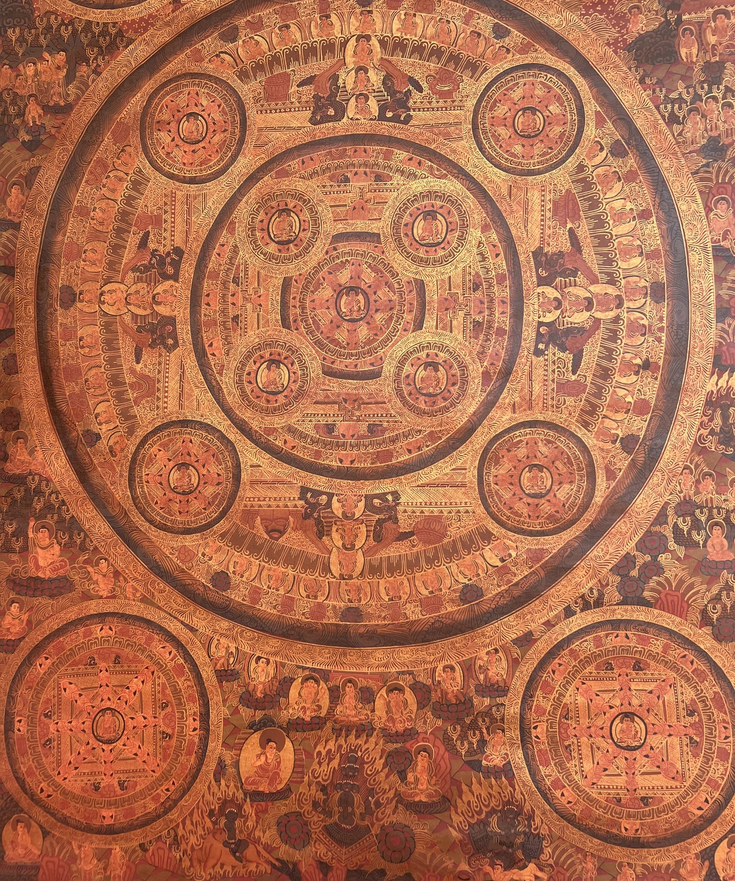 Original Hand-painted Pancha Buddha Big Circle Mandala Oil - Varnished Large Masterpiece Tibetan Thangka / Thangka Painting Meditation Art