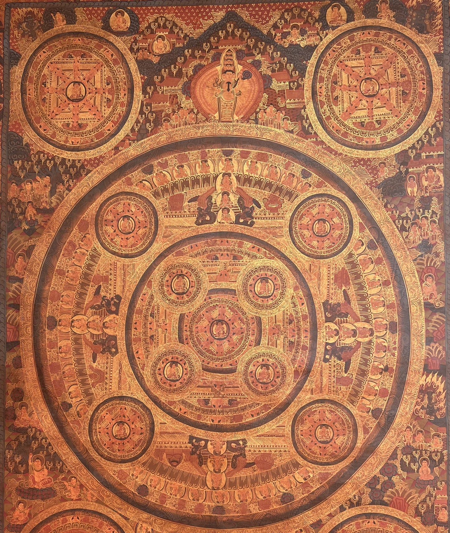Original Hand-painted Pancha Buddha Big Circle Mandala Oil - Varnished Large Masterpiece Tibetan Thangka / Thangka Painting Meditation Art