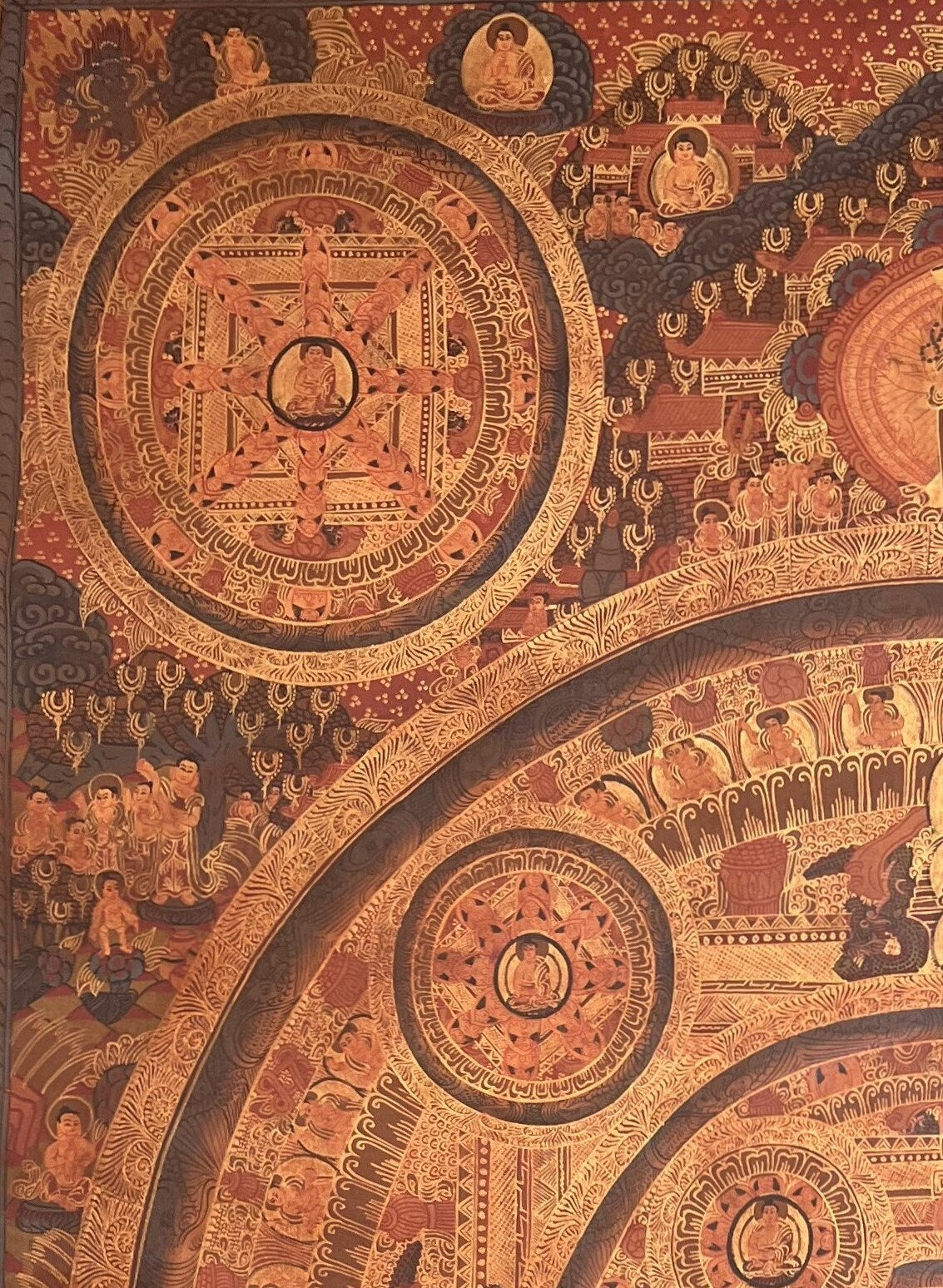 Original Hand-painted Pancha Buddha Big Circle Mandala Oil - Varnished Large Masterpiece Tibetan Thangka / Thangka Painting Meditation Art