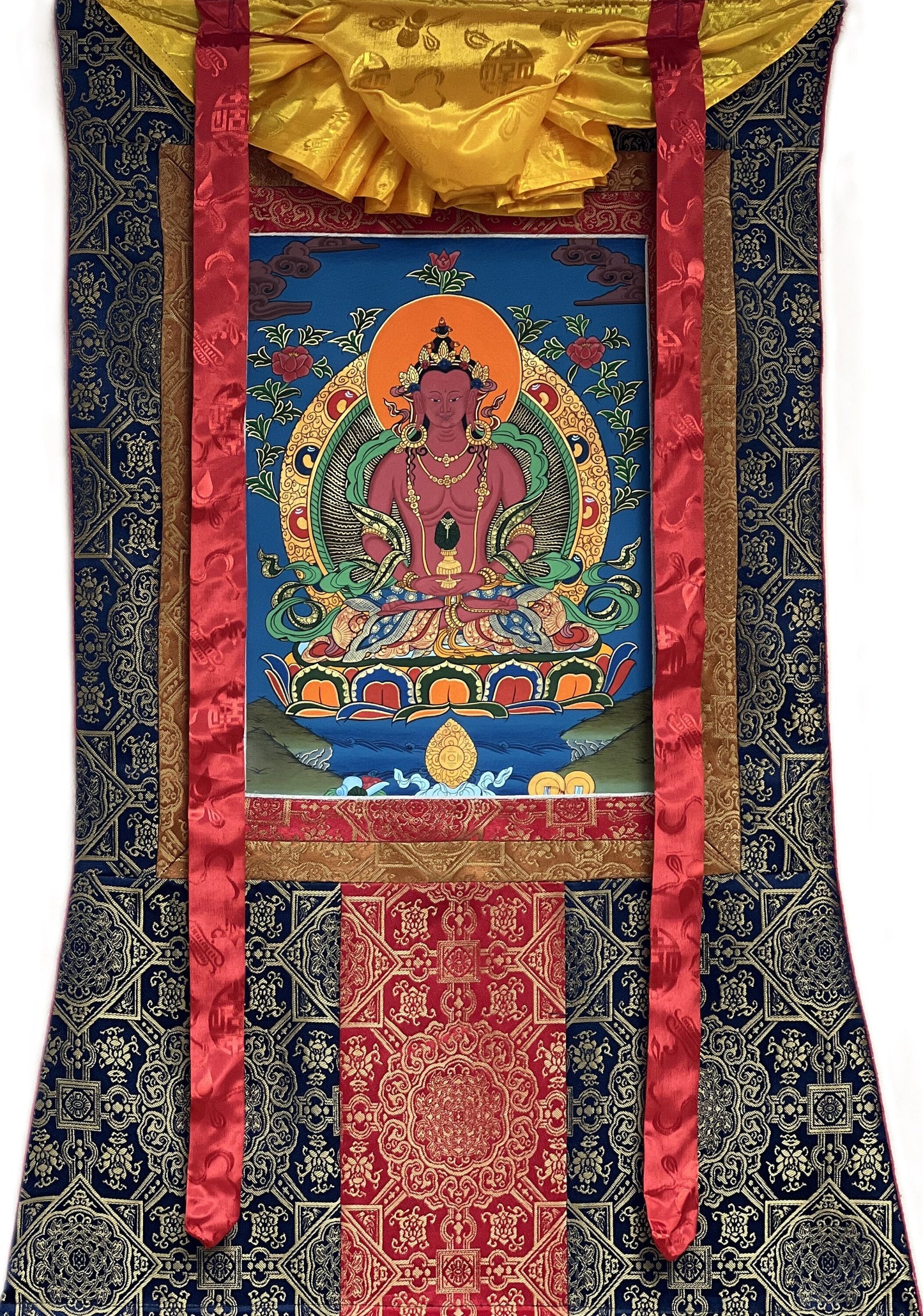 Buddha Amitayus/Aparmita Original Hand-Painted Compassion / Meditation Tibetan Thangka / Thanka Painting With Premium Silk Brocade
