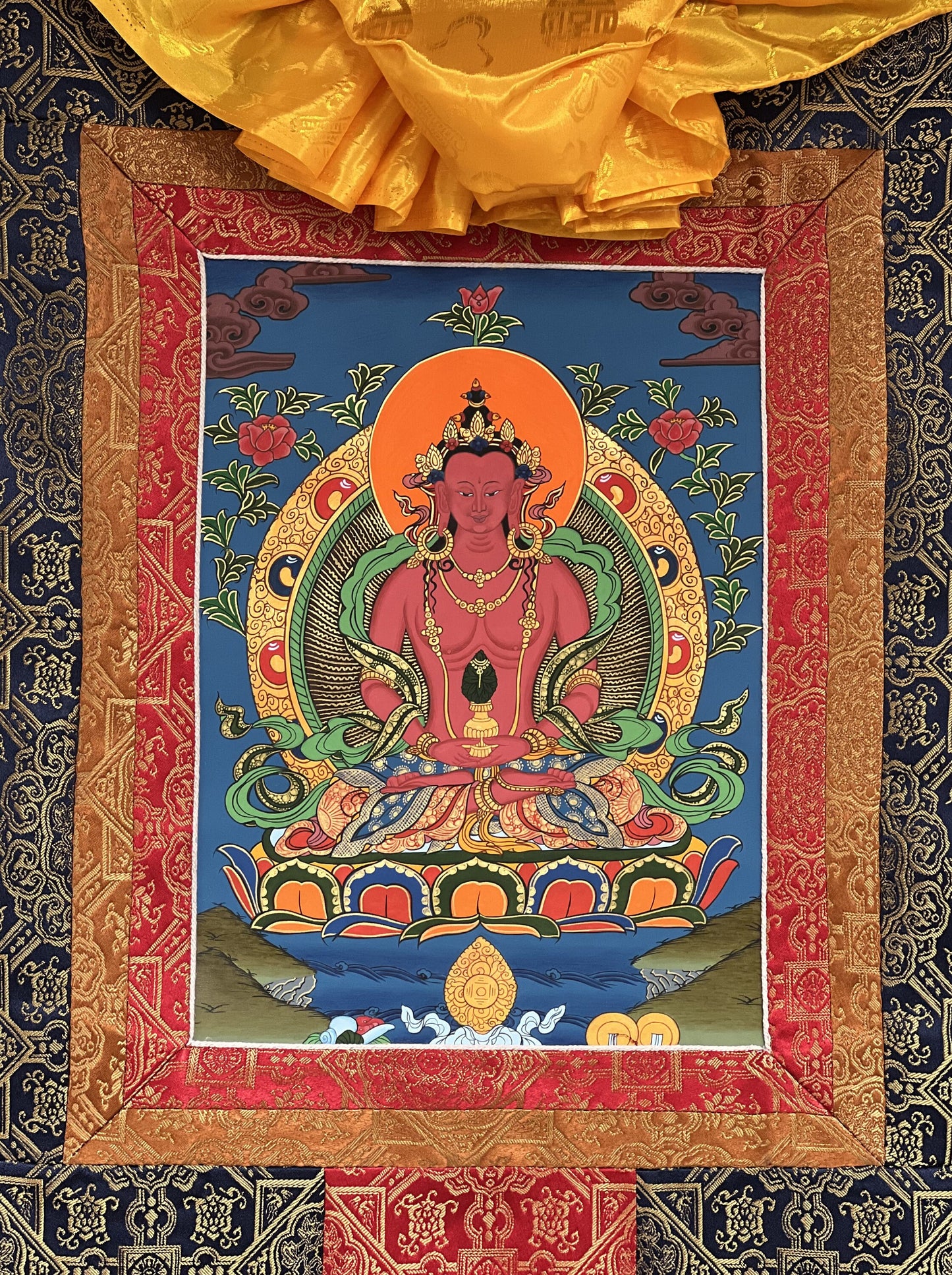 Buddha Amitayus/Aparmita Original Hand-Painted Compassion / Meditation Tibetan Thangka / Thanka Painting With Premium Silk Brocade